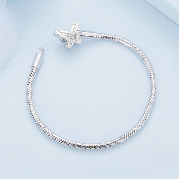 925 Sterling Silver Snake Chain Bracelet With Moonstone Butterfly, back view image, Genuine 925 Sterling Silver