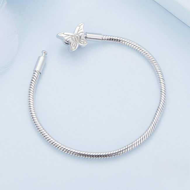 925 Sterling Silver Snake Chain Bracelet With Moonstone Butterfly, back view image, Genuine 925 Sterling Silver