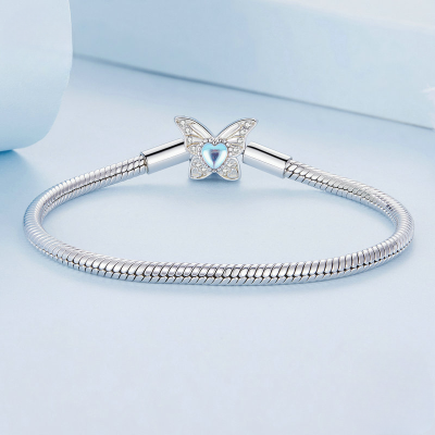 Snake chain sterling silver bracelets for women, With Moonstone Butterfly Pendant, made of sterling silver and moonstone, handmade, weight about 12.7g