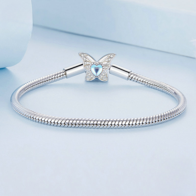 Snake chain sterling silver bracelets for women, With Moonstone Butterfly Pendant, made of sterling silver and moonstone, handmade, weight about 12.7g
