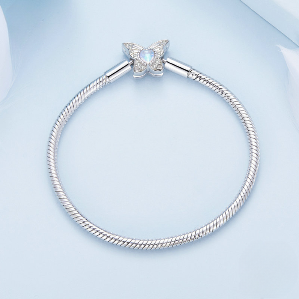 925 Sterling Silver Snake Chain Bracelet With Moonstone Butterfly Pendant, Butterfly Clasp with Moonstone Inlay, Available in sizes 17cm , 19cm