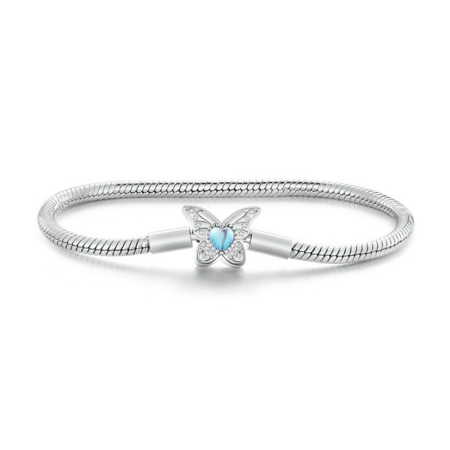 925 Sterling Silver Snake Chain Bracelet With Moonstone Butterfly front view image