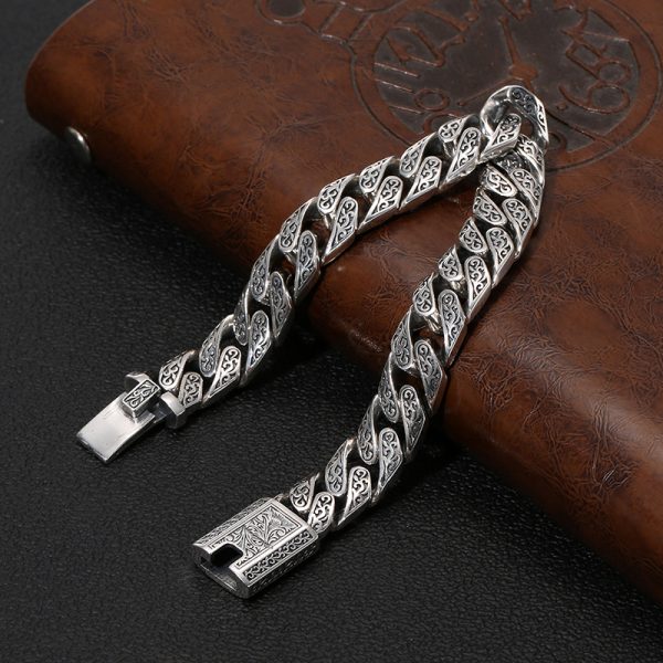 Cuban Link Bracelet in Vintage Thai Silver Carved For Men - Image 4