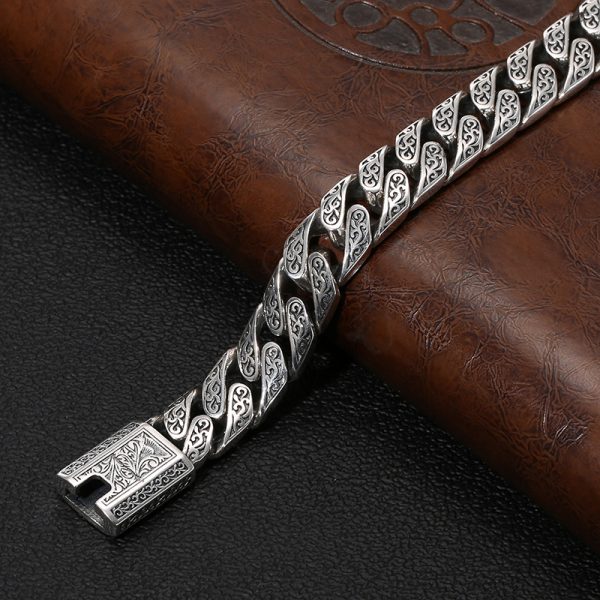 Cuban Link Bracelet in Vintage Thai Silver Carved For Men - Image 3