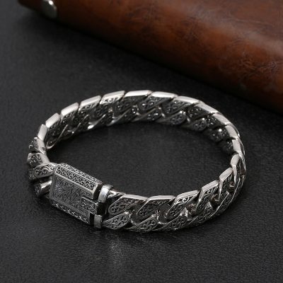 Cuban Link Bracelet in Vintage Thai Sterling Silver Carved For Men