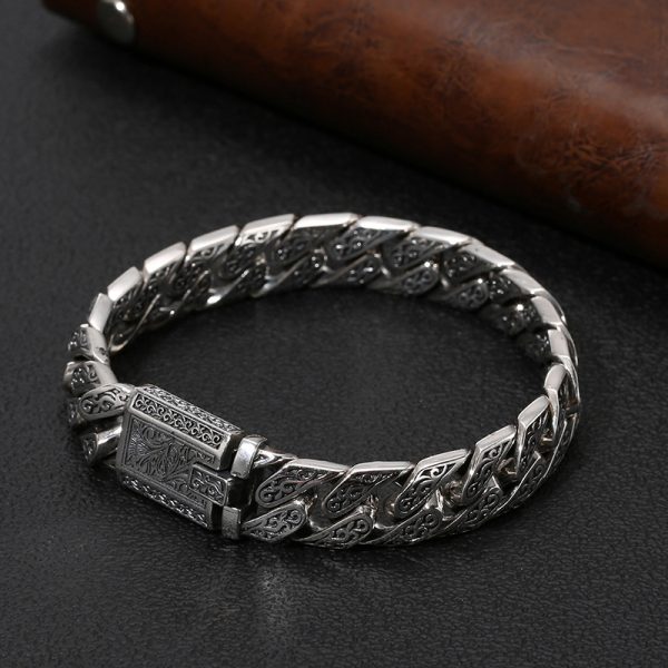 Cuban Link Bracelet in Vintage Thai Sterling Silver Carved For Men