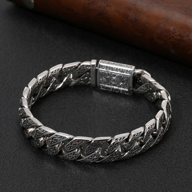 Cuban Link Bracelet in Vintage Thai Silver Carved For Men - Image 2