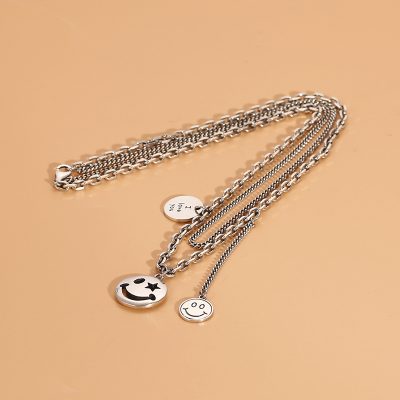 Silver Double Layer Necklace Happy Face Pendant