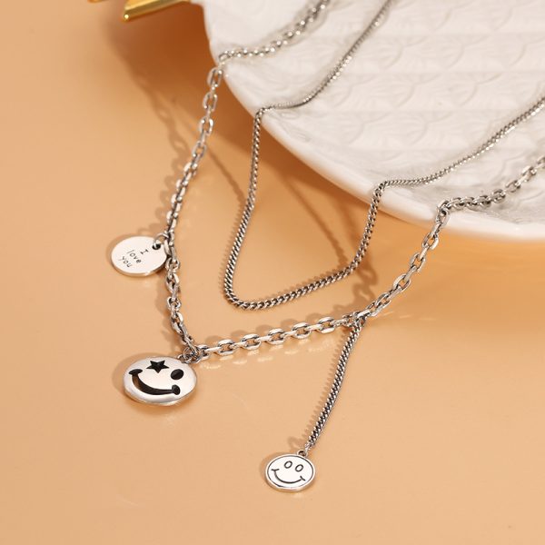Silver Double Layer Necklace Happy Face Pendant - Image 2