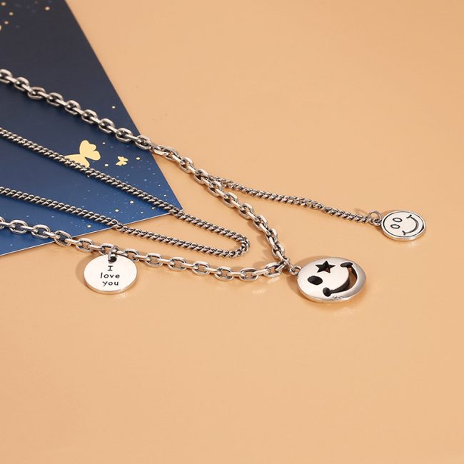 Silver Double Layer Necklace Happy Face Pendant - Image 5