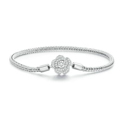 Rose Flower Sterling Silver Snake Chain Bracelet For Women