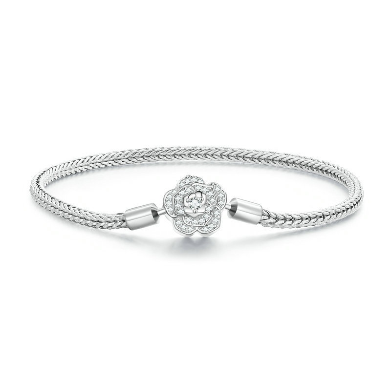 Rose Flower Sterling Silver Snake Chain Bracelet For Women