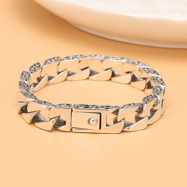 Vintage Grass Pattern Cuban link silver bracelet for men, made of 925 sterling silver
