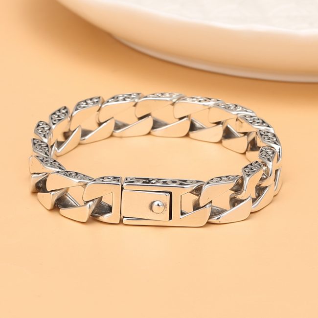 Vintage Grass Pattern Cuban link silver bracelet for men, made of 925 sterling silver