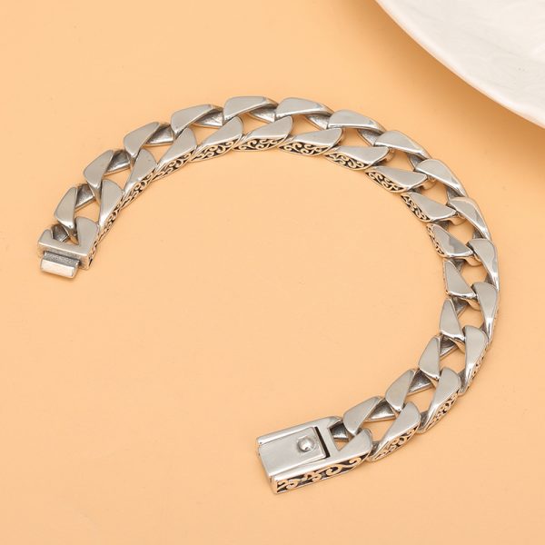 Cuban Link Bracelet Silver Vintage Grass Pattern - Image 2