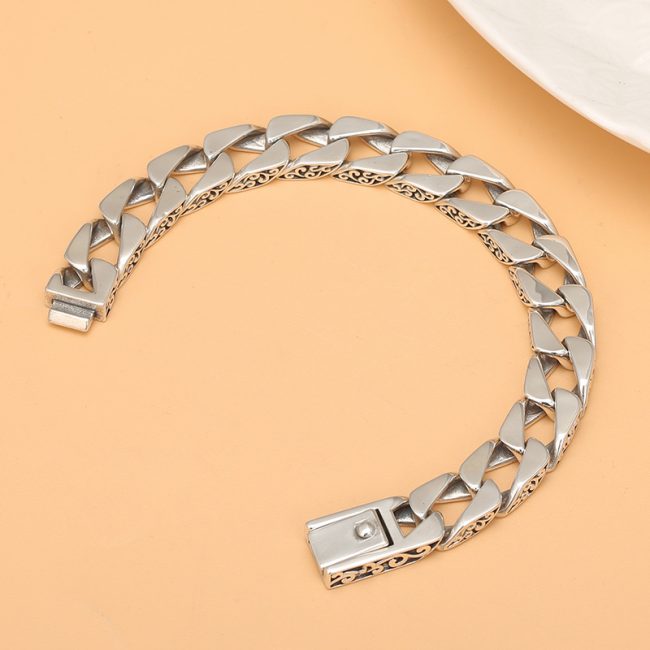 Cuban Link Bracelet Silver Vintage Grass Pattern - Image 2