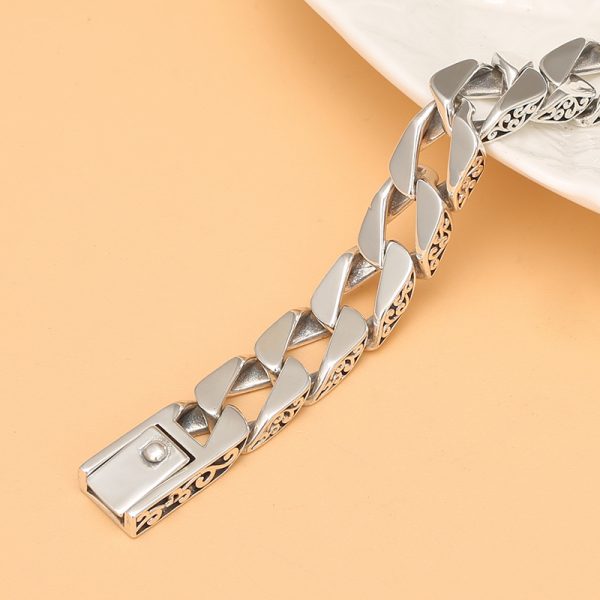 Cuban Link Bracelet Silver Vintage Grass Pattern - Image 3