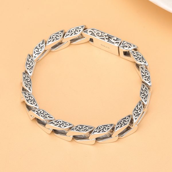 Cuban Link Bracelet Silver Vintage Grass Pattern - Image 4
