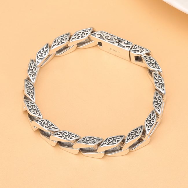 Cuban Link Bracelet Silver Vintage Grass Pattern - Image 4