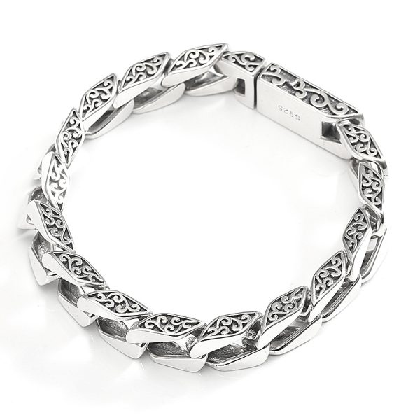 Silver Vintage Grass Pattern Cuban Bracelet
