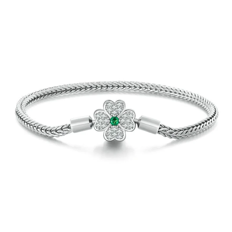 Four-Leaf Clover Sterling Silver Snake Chain Bracelet