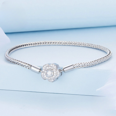 Snake Chain Sterling Silver Bracelets For Women, With Rose Flower Pendant, Made of 925 Sterling Silver, 3mm chain width, Available in sizes 17cm , 19cm