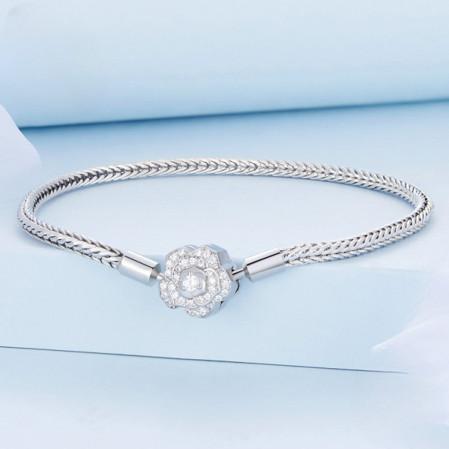 Snake Chain Sterling Silver Bracelets For Women, With Rose Flower Pendant, Made of 925 Sterling Silver, 3mm chain width, Available in sizes 17cm , 19cm