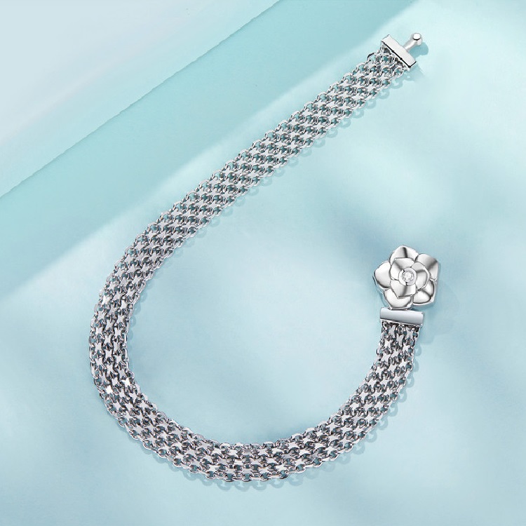 Women's Sterling Silver Bracelet with Rose Flower Wide Woven - Image 6