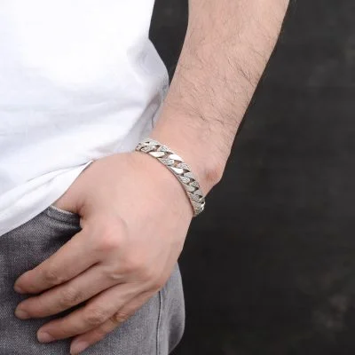 Vintage Carved Cuban Thai Silver Bracelet Wear View