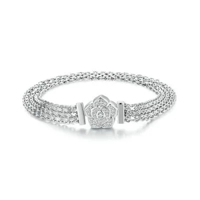 Wide Woven Sterling Silver Rose Flower Bracelet For Women