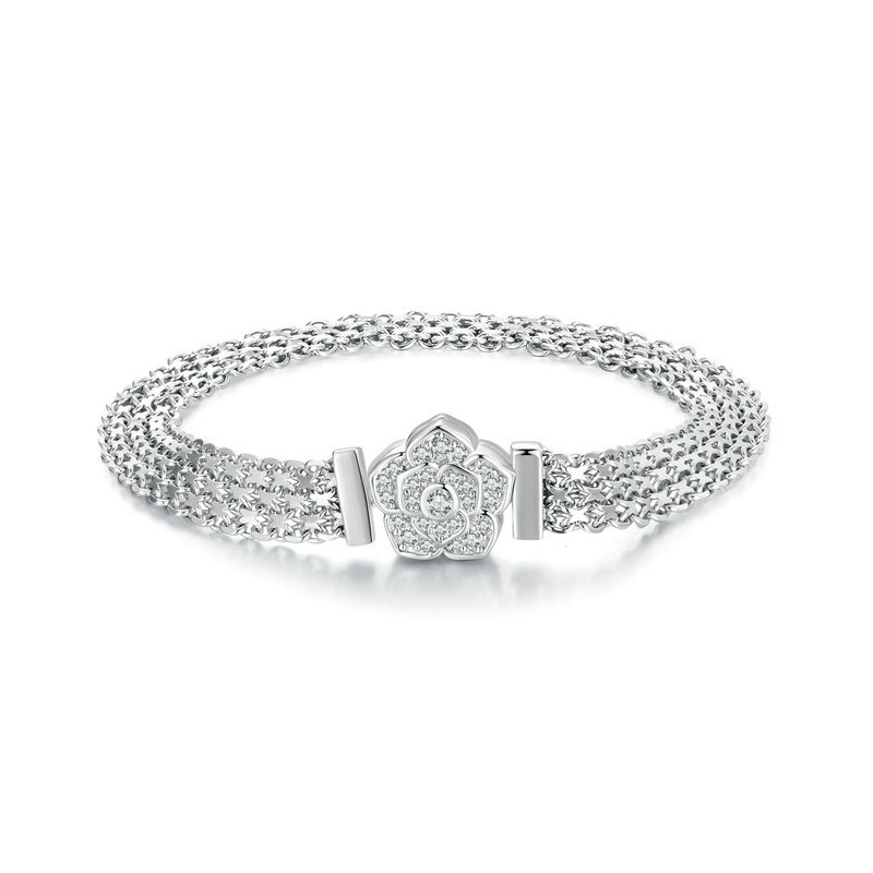 Wide Woven Sterling Silver Rose Flower Bracelet For Women
