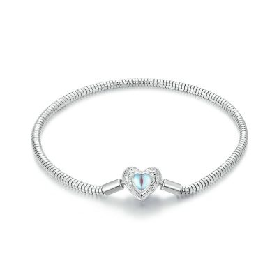 Women Silver Snake Chain Bracelet with Moonstone Heart