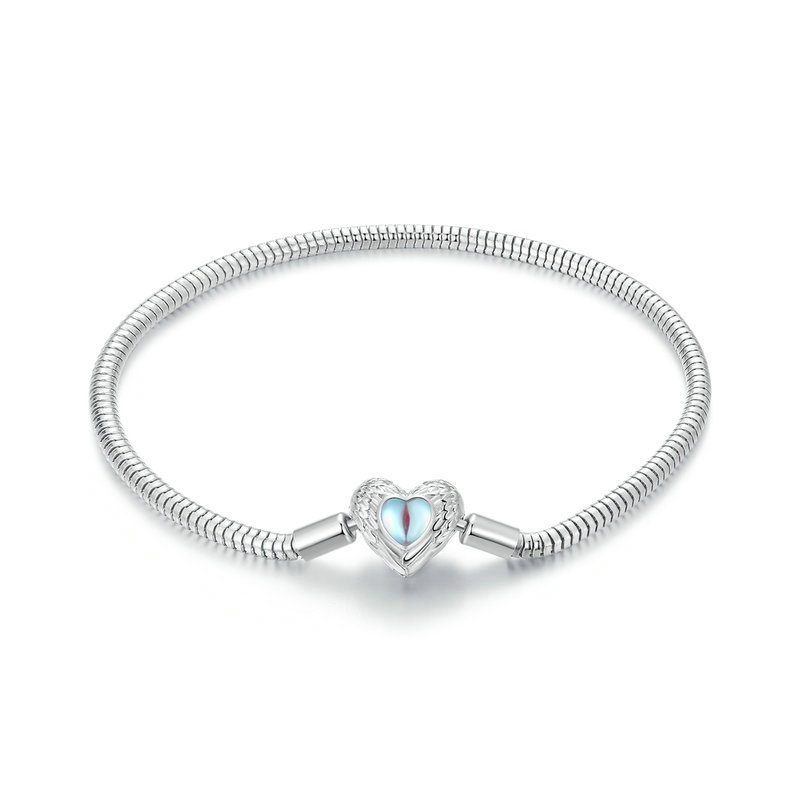Women Silver Snake Chain Bracelet with Moonstone Heart