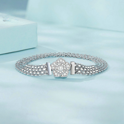 Rose Flower Wide Woven Sterling Silver Bracelets for women, made of 925 sterling, wide woven silver chain paired with a rose-shaped clasp