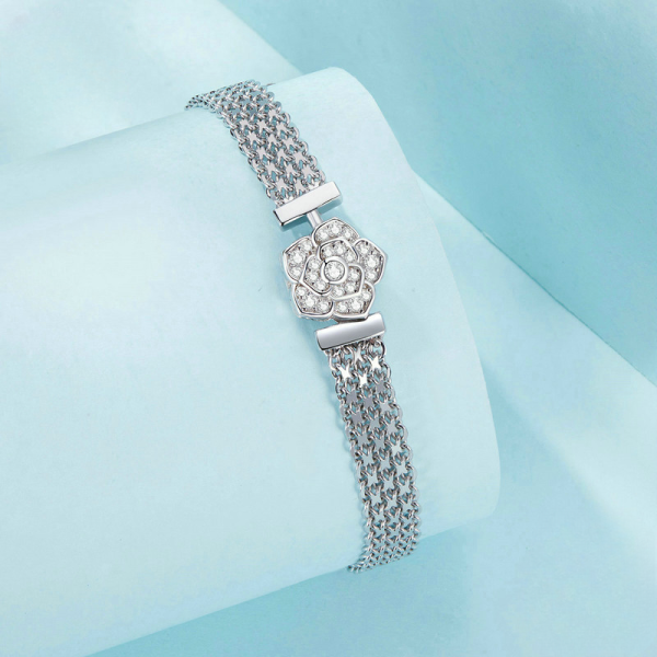 Women's Sterling Silver Bracelet with Rose Flower Wide Woven Side View Image
