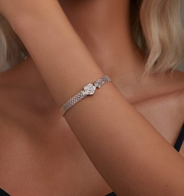 ladies Sterling Silver Bracelet with Rose Flower Wide Woven, Wear View Image, wide about 6.5mm, 17cm, 19cm, and 21cm three lengths available