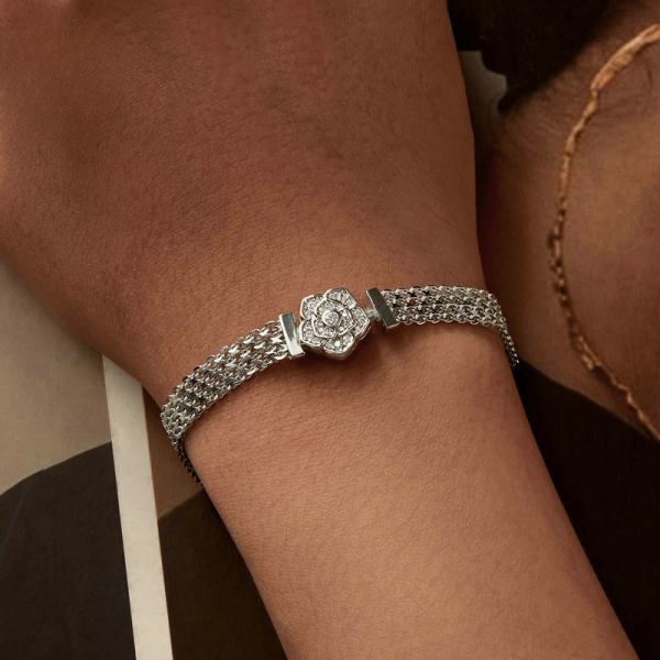 Women's Sterling Silver Bracelet with Rose Flower Wide Woven Wear View Image