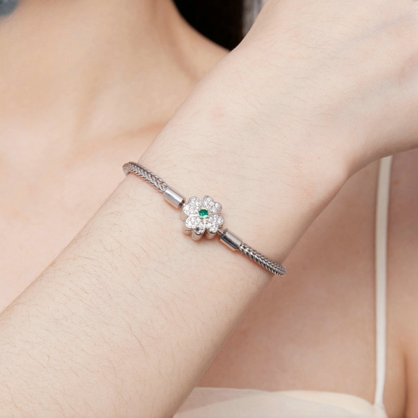 Snake Chain Sterling Silver Bracelet for women, With Four-Leaf Clover pendant, wear view image, wide about 3mm, 17cm, 18cm and 19cm three lengths available