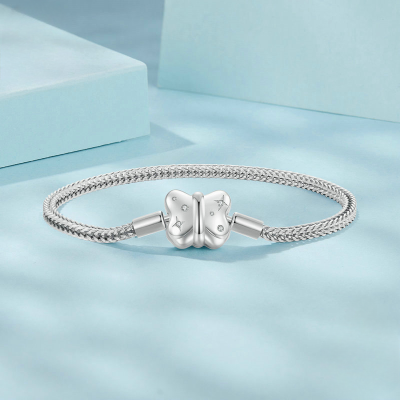Star bow snake chain sterling silver bracelets for women, made of 925 sterling silver, plated with 18K white gold.