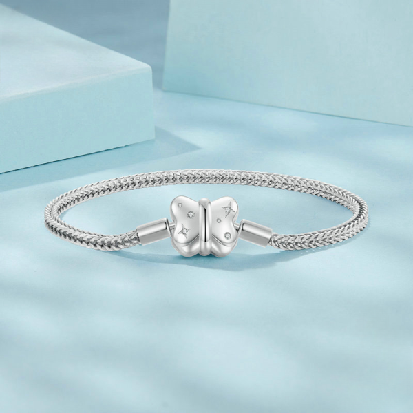 Star bow snake chain sterling silver bracelets for women, made of 925 sterling silver, plated with 18K white gold.