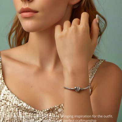 Starburst Heart Sterling Silver Snake Chain Bracelet For Women alternate view