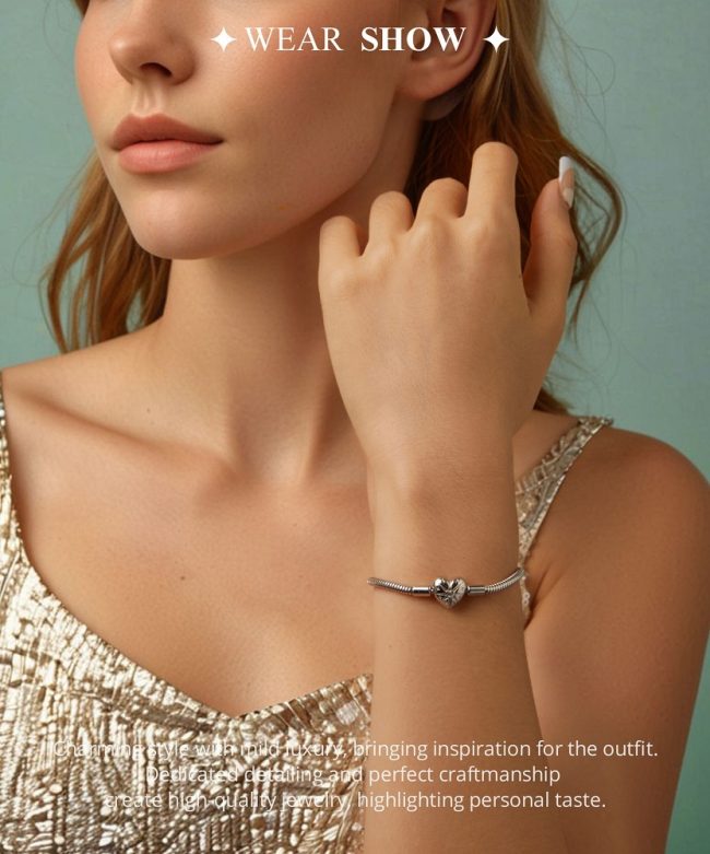 Starburst Heart Sterling Silver Snake Chain Bracelet For Women - Image 2