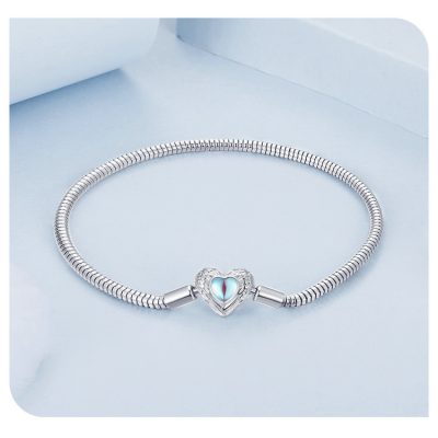 Snake chain sterling silver bracelets for women, with Moonstone Heart Pendant, made of 925 sterling silver and Moonstone, weight about 9.2g