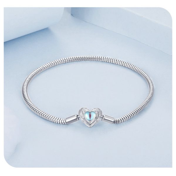 Snake chain sterling silver bracelets for women, with Moonstone Heart Pendant, made of 925 sterling silver and Moonstone, weight about 9.2g