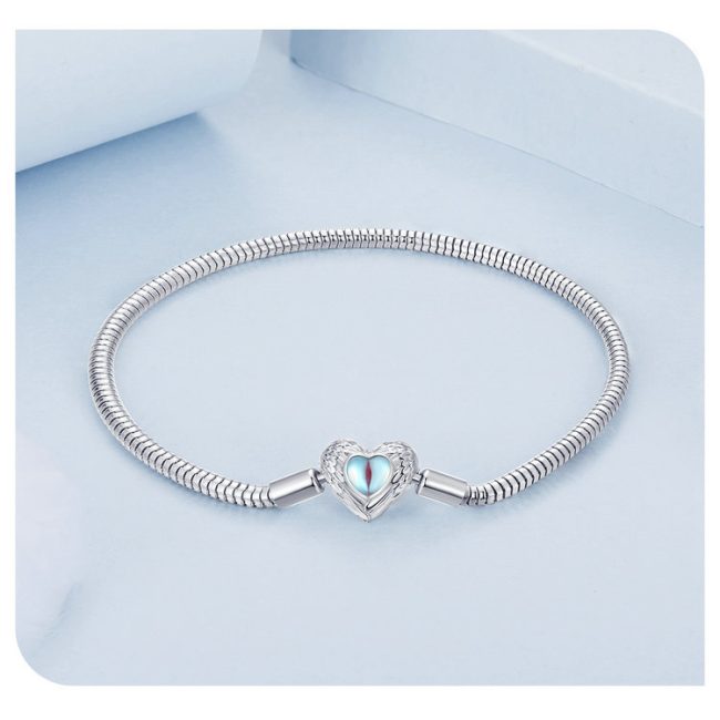 Snake chain sterling silver bracelets for women, with Moonstone Heart Pendant, made of 925 sterling silver and Moonstone, weight about 9.2g