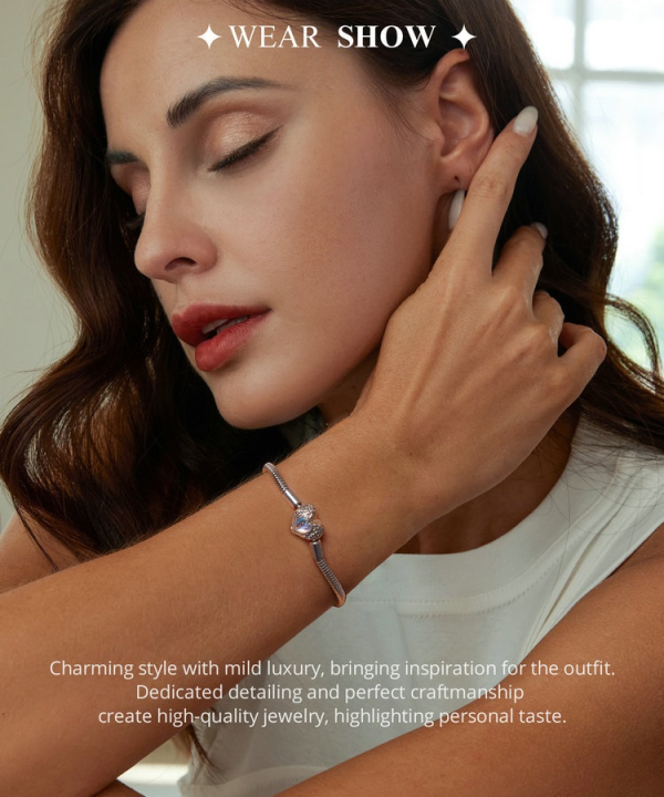 Women's Sterling Silver Snake Chain Bracelet with Moonstone Heart Wear View Image