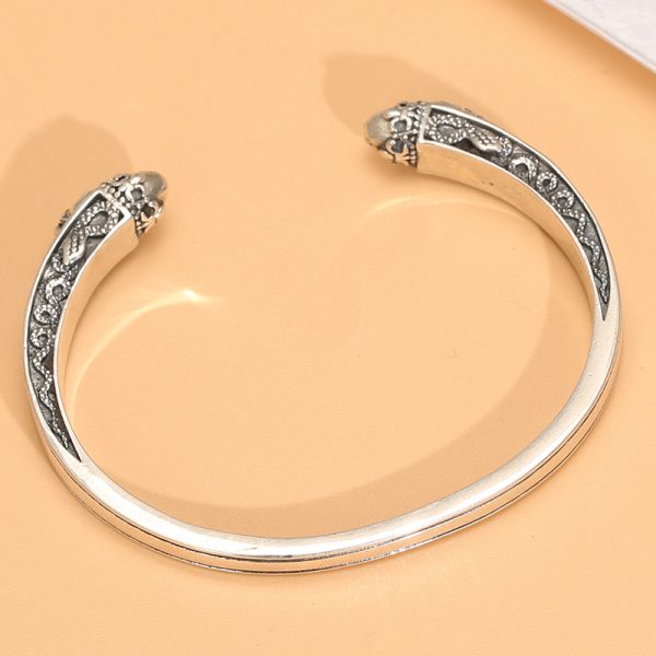 Sterling Silver Bangle Bracelet with Skull and Snake Open Cuff