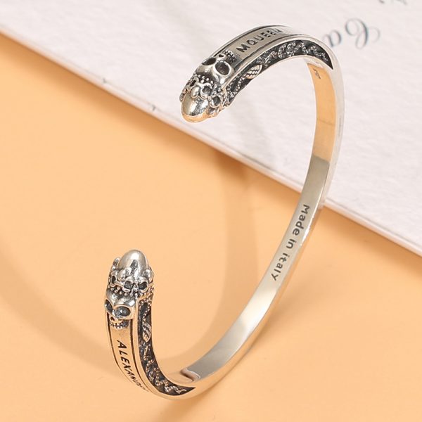 Sterling Silver Bangle Bracelet, Skull and Snake Open Cuff Bracelet for women