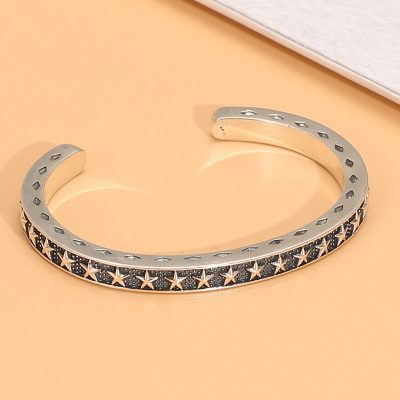Sterling silver bangle bracelet with Five-pointed Star open cuff of front view