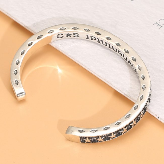 Sterling silver bangle bracelet with Five-pointed Star open cuff of side view